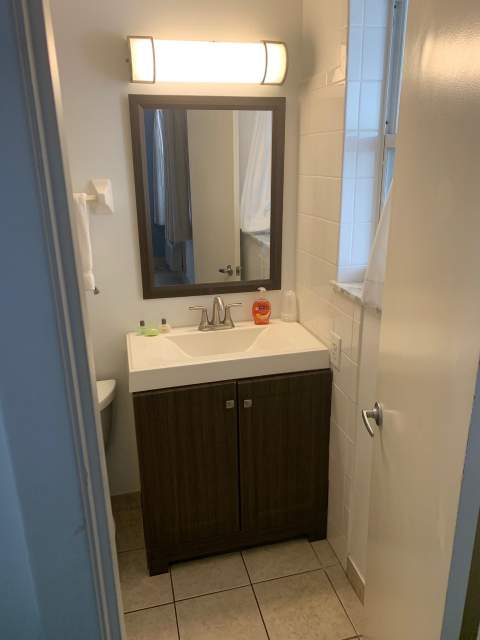 Hotel bathroom with view of mirror